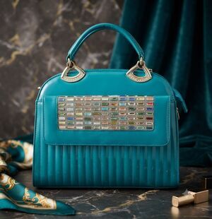 NWT Teal Patent Leather Satchel Bag Rhinestone Gem Embellished Top Handle/Strap